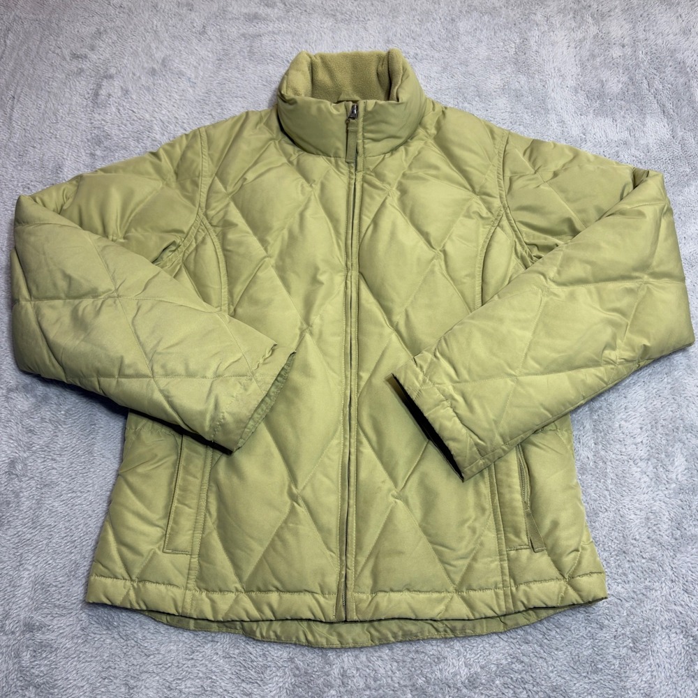 Eddie Bauer Puffer Jacket Women XS Olive Green Diamond Quilted Goose Down Zip